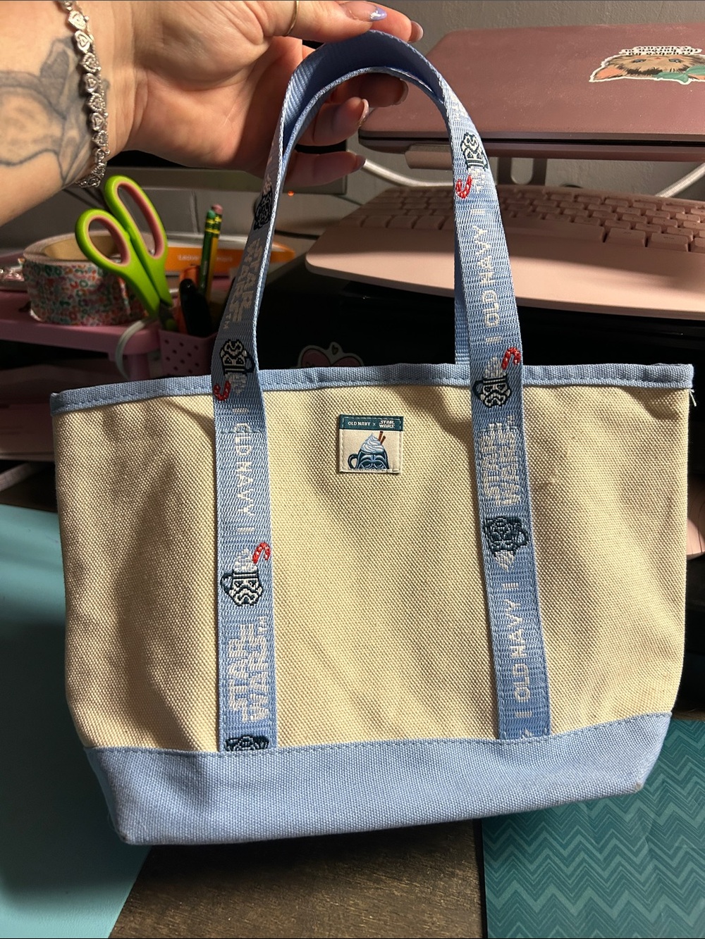Old Navy x Star Wars Holiday Cream Canvas Tote with Light Blue Trim